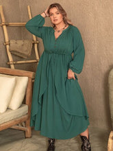 Load image into Gallery viewer, Plus Size Notched Layered Balloon Sleeve Midi Dress
