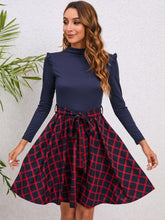 Load image into Gallery viewer, Plaid Tie Waist Ruffle Shoulder Dress
