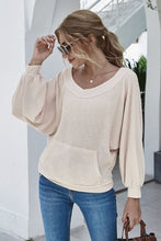 Load image into Gallery viewer, Boat Neck Waffle-Knit Lantern Sleeve Blouse with Pocket
