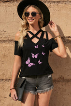 Load image into Gallery viewer, Butterfly Graphic Strappy Cold-Shoulder Top
