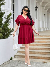 Load image into Gallery viewer, Plus Size Ruched Surplice Flounce Sleeve Mini Dress
