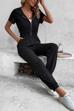 Load image into Gallery viewer, Zip-Up Short Sleeve Hooded Jumpsuit with Pockets
