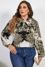Load image into Gallery viewer, Melo Apparel Plus Size Printed Tie Neck Long Sleeve Blouse
