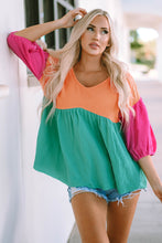 Load image into Gallery viewer, Color Block V-Neck Babydoll Blouse
