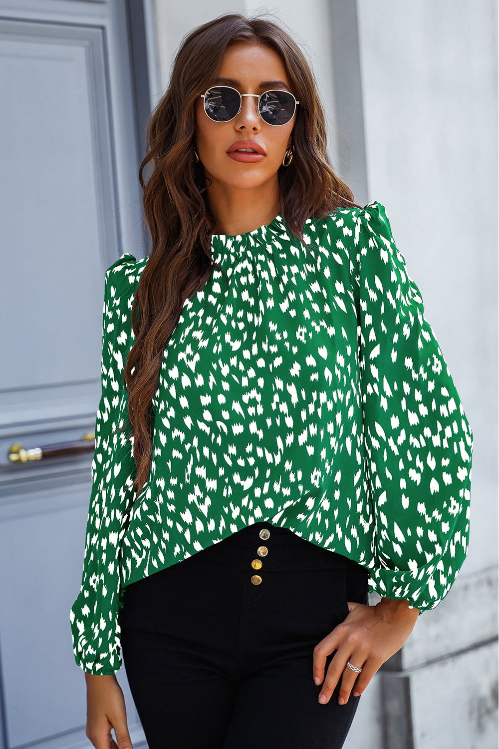 Printed Mock Neck Puff Sleeve Blouse