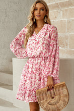 Load image into Gallery viewer, Floral Frill Trim Puff Sleeve Notched Neck Dress
