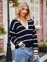 Load image into Gallery viewer, Striped Dropped Shoulder Notched Neck Knit Top
