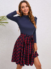 Load image into Gallery viewer, Plaid Tie Waist Ruffle Shoulder Dress
