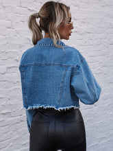 Load image into Gallery viewer, Cropped Collared Neck Raw Hem Denim Jacket
