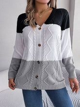 Load image into Gallery viewer, Cable-Knit Striped Button Up Cardigan
