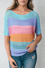 Load image into Gallery viewer, Color Block Openwork Round Neck Pullover Sweater
