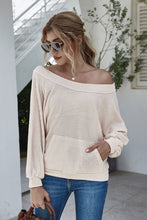 Load image into Gallery viewer, Boat Neck Waffle-Knit Lantern Sleeve Blouse with Pocket
