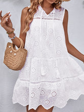 Load image into Gallery viewer, Eyelet Tie Neck Sleeveless Mini Dress
