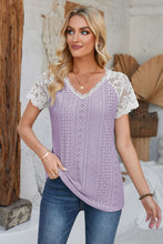 Load image into Gallery viewer, Eyelet V-Neck Lace Short Sleeve T-Shirt
