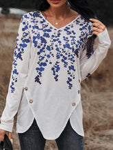 Load image into Gallery viewer, Floral Print V-Neck Long Sleeve Buttoned Tee

