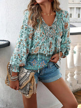 Load image into Gallery viewer, Bohemian Tie Neck Lantern Sleeve Blouse
