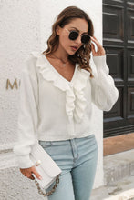 Load image into Gallery viewer, Ruffle Trim Button-Down Dropped Shoulder Sweater
