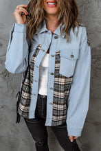 Load image into Gallery viewer, Plaid Pocketed Button Up Denim Jacket
