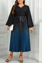 Load image into Gallery viewer, Plus Size V-Neck Long Sleeve Pleated Tie Waist Midi Dress
