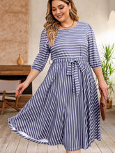 Load image into Gallery viewer, Plus Size Round Neck Striped Tie Waist Dress
