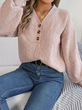 Load image into Gallery viewer, Half Button V-Neck Long Sleeve Sweater
