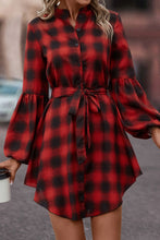 Load image into Gallery viewer, Plaid Tie Waist Balloon Sleeve Mini Dress
