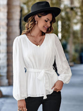 Load image into Gallery viewer, V-Neck Tie Waist Long Sleeve Blouse
