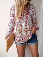 Load image into Gallery viewer, Floral Tie Neck Puff Sleeve Blouse

