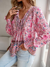 Load image into Gallery viewer, Bohemian Tie Neck Lantern Sleeve Blouse
