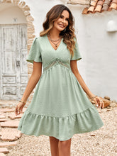 Load image into Gallery viewer, Swiss Dot V-Neck Openwork Puff Sleeve Dress
