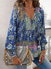 Load image into Gallery viewer, Bohemian Tie Neck Lantern Sleeve Blouse
