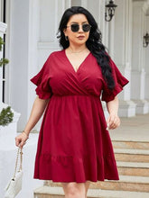 Load image into Gallery viewer, Plus Size Ruched Surplice Flounce Sleeve Mini Dress
