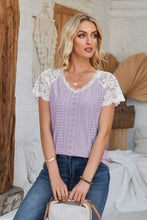 Load image into Gallery viewer, Eyelet V-Neck Lace Short Sleeve T-Shirt
