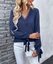 Load image into Gallery viewer, V-Neck Tie Cuff Slit Blouse

