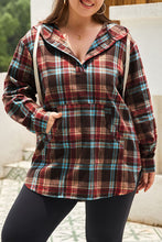 Load image into Gallery viewer, Plus Size Drawstring Plaid Quarter Button Hoodie
