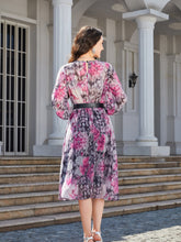 Load image into Gallery viewer, Floral Print Round Neck Balloon Sleeve Midi Dress
