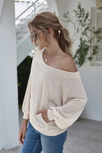 Load image into Gallery viewer, Boat Neck Waffle-Knit Lantern Sleeve Blouse with Pocket
