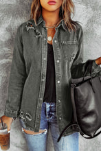 Load image into Gallery viewer, Distressed Raw Hem Snap Down Denim Jacket
