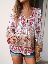Load image into Gallery viewer, Floral Tie Neck Puff Sleeve Blouse

