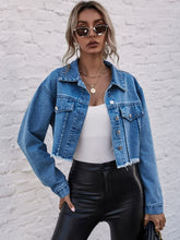 Load image into Gallery viewer, Cropped Collared Neck Raw Hem Denim Jacket
