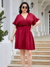 Load image into Gallery viewer, Plus Size Ruched Surplice Flounce Sleeve Mini Dress
