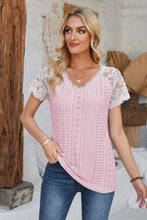 Load image into Gallery viewer, Eyelet V-Neck Lace Short Sleeve T-Shirt
