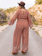 Load image into Gallery viewer, Plus Size Printed V-Neck Tie Front Balloon Sleeve Jumpsuit
