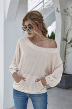 Load image into Gallery viewer, Boat Neck Waffle-Knit Lantern Sleeve Blouse with Pocket
