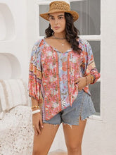 Load image into Gallery viewer, Plus Size Printed Tie Neck Balloon Sleeve Blouse
