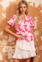 Load image into Gallery viewer, Floral Tie Neck Ruffle Shoulder Blouse
