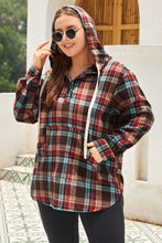 Load image into Gallery viewer, Plus Size Drawstring Plaid Quarter Button Hoodie
