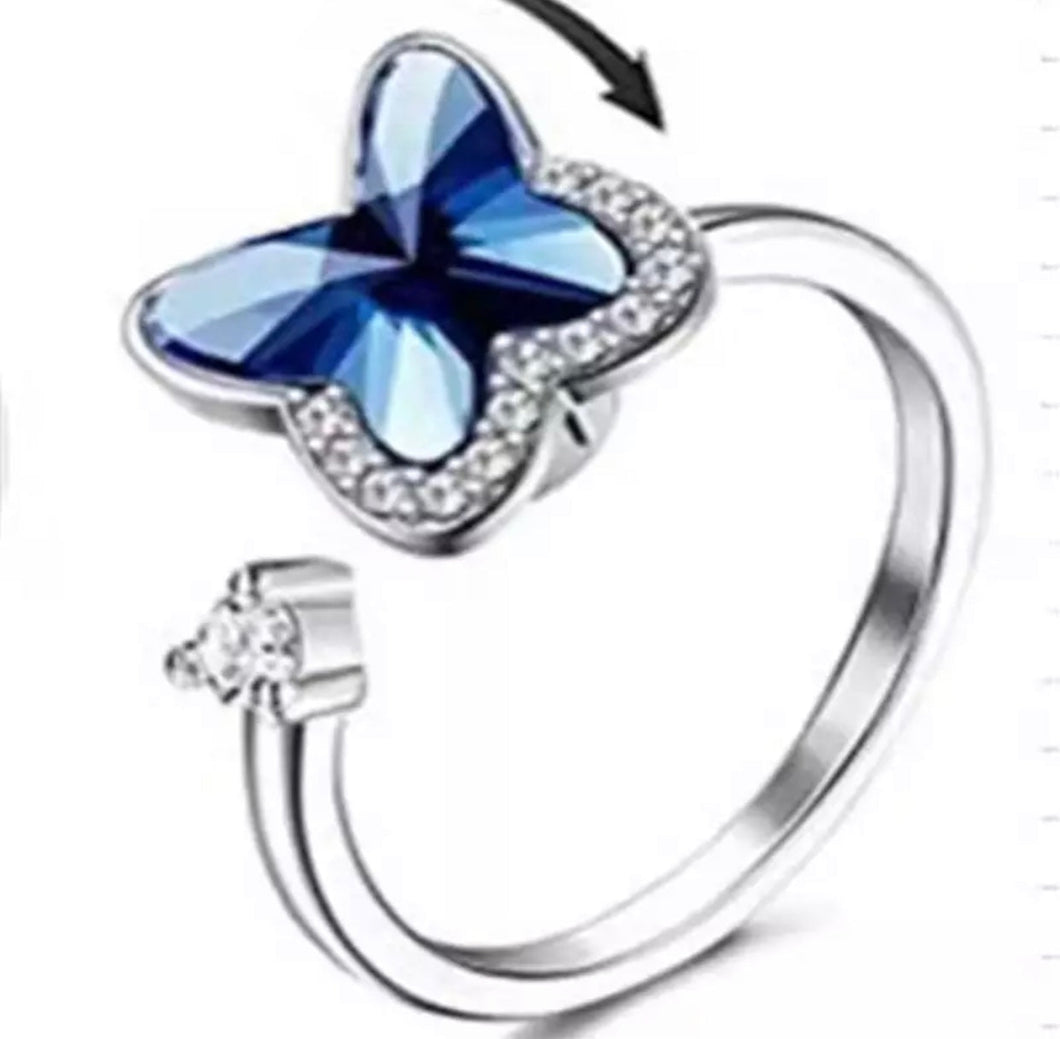 Adjustable Dark Blue Butterfly Fidget Ring - PREORDER