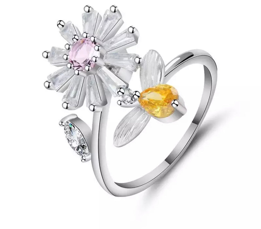 Adjustable Flower & Bee Fidget Ring